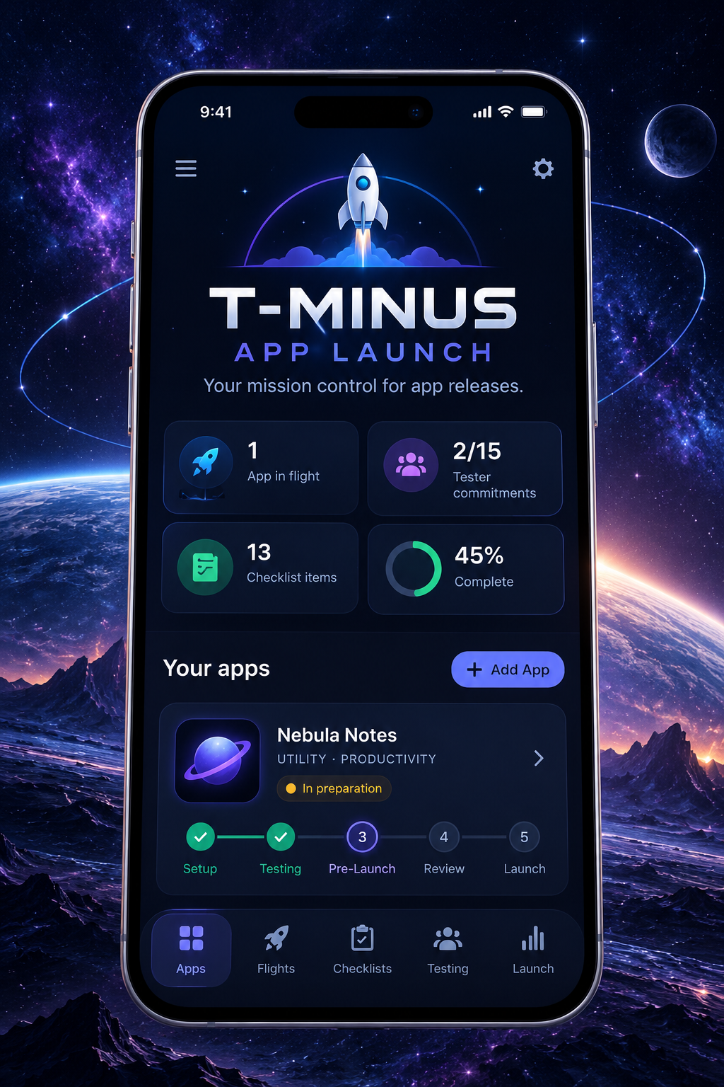T-Minus App Launch concept mockup